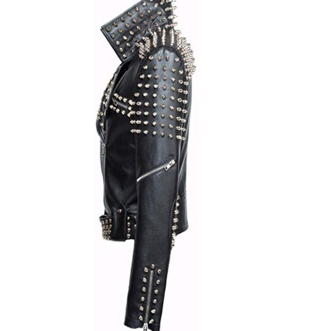 Women Slim Fit Studded Brando Leather Jacket - AMSEL LEATHERS