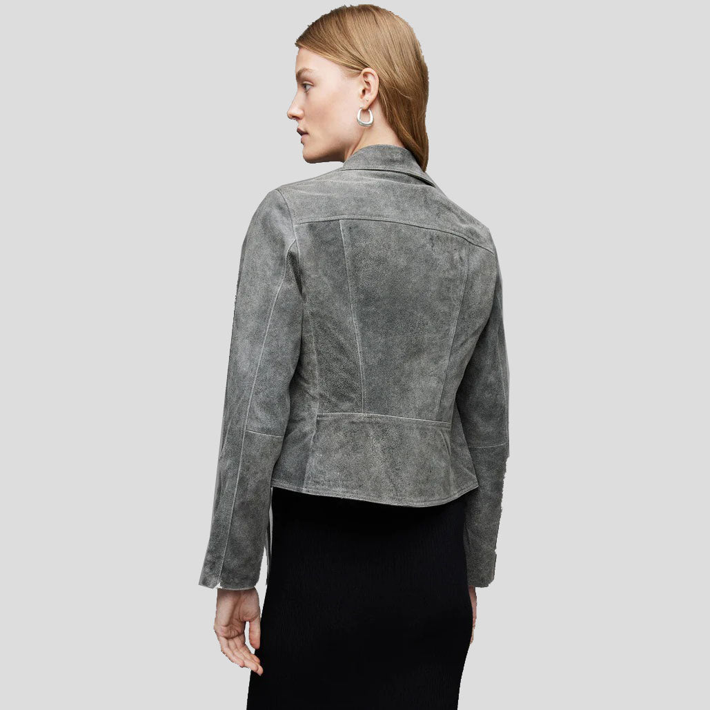 Women's Gray Suede Leather Biker Jacket - AMSEL LEATHERS