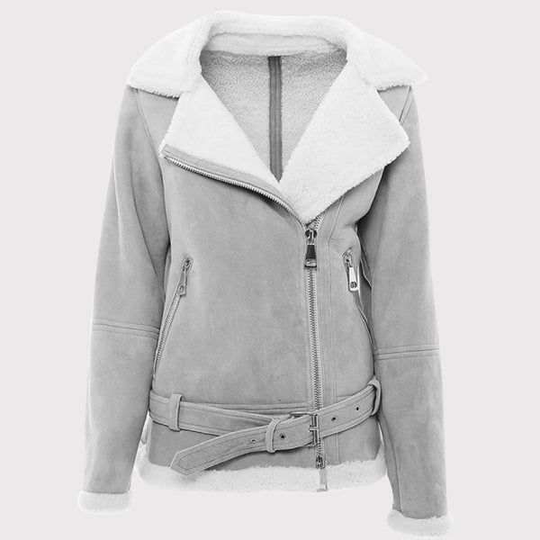 Elegant Women's Grey Suede Shearling Jacket - AMSEL LEATHERS