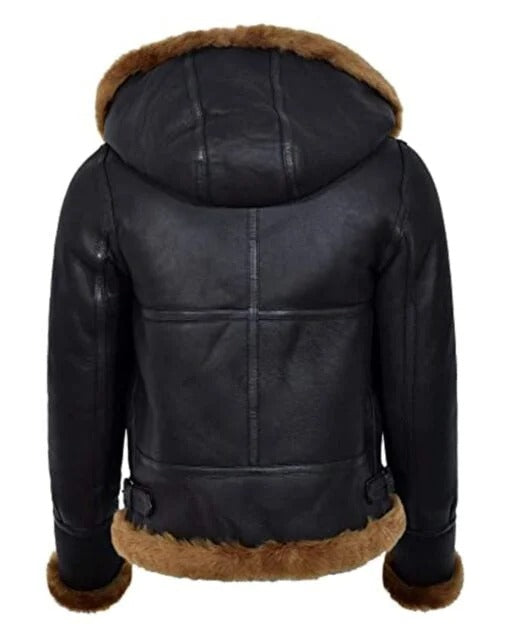 Women's Hooded Black Sherpa Leather Aviator Jacket - AMSEL LEATHERS