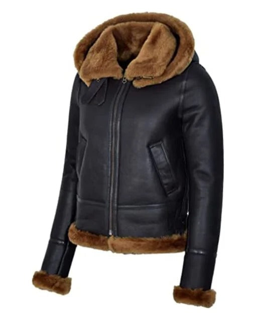 Women's Hooded Black Sherpa Leather Aviator Jacket - AMSEL LEATHERS