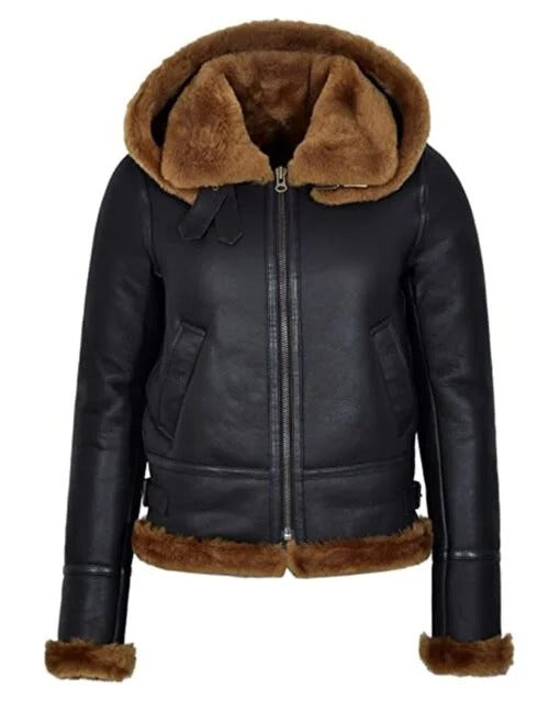 Women's Hooded Black Sherpa Leather Aviator Jacket - AMSEL LEATHERS