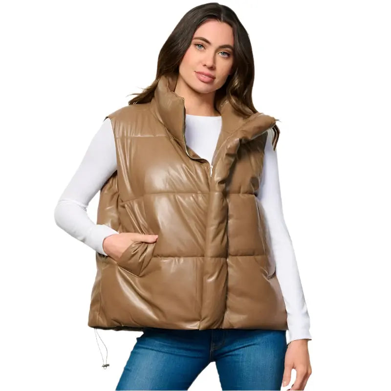 Women's Khaki Sleeveless Puffer Vest – Zip-Up Jacket with Pockets Amsel Leathers