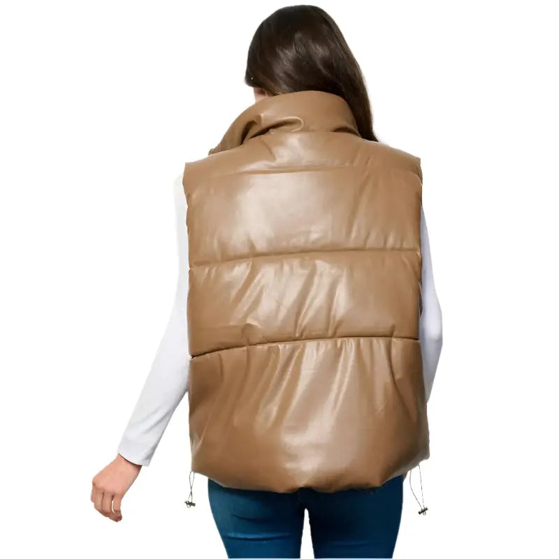 Women's Khaki Sleeveless Puffer Vest – Zip-Up Jacket with Pockets Amsel Leathers