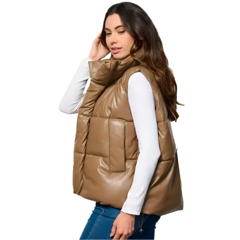 Women's Khaki Sleeveless Puffer Vest – Zip-Up Jacket with Pockets Amsel Leathers