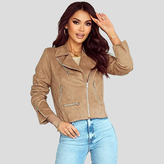 Women's Khaki Suede Moto Biker Short Coat Jacket - AMSEL LEATHERS