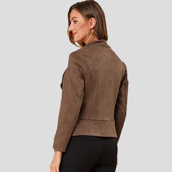 Women's Light Brown Suede Open Front Lapel Jacket - AMSEL LEATHERS