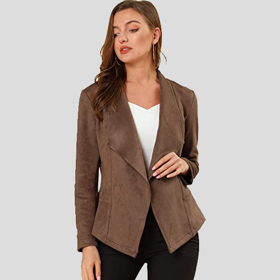 Women's Light Brown Suede Open Front Lapel Jacket - AMSEL LEATHERS