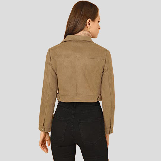 Women's Light Khaki Suede Leather Crop Moto Biker Jacket - AMSEL LEATHERS