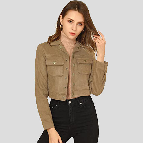 Women's Light Khaki Suede Leather Crop Moto Biker Jacket - AMSEL LEATHERS