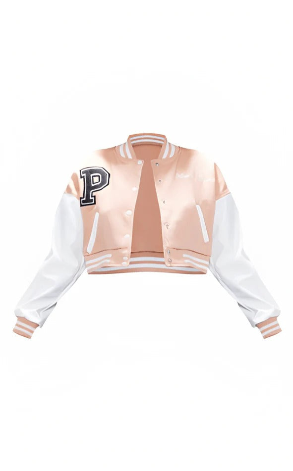 Women's Light Pink Varsity Leather Bomber Jacket - AMSEL LEATHERS