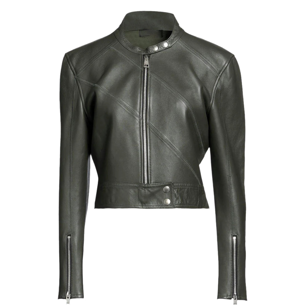 Military Green Leather Jacket for Women - Fashionable Outerwear - AMSEL LEATHERS