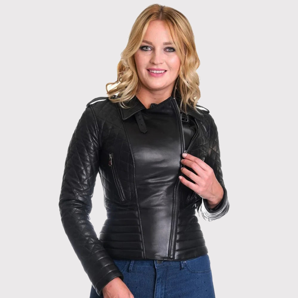 Black Women's Motorbike Biker Leather Jacket - AMSEL LEATHERS