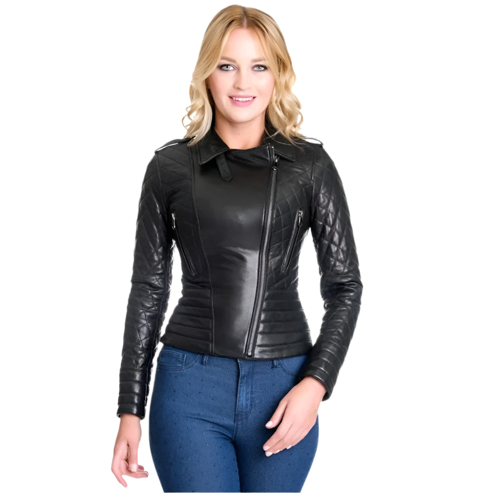 Black Women's Motorbike Biker Leather Jacket - AMSEL LEATHERS