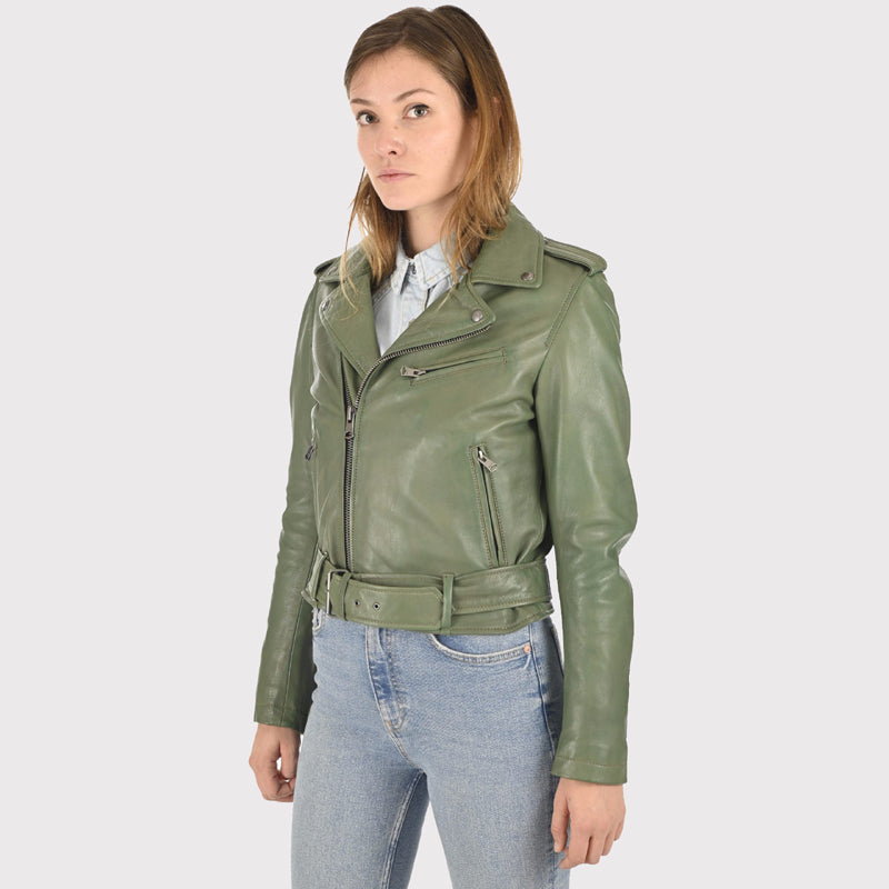 Women's Olive Green Fine Quality Lambskin Leather Jacket - AMSEL LEATHERS