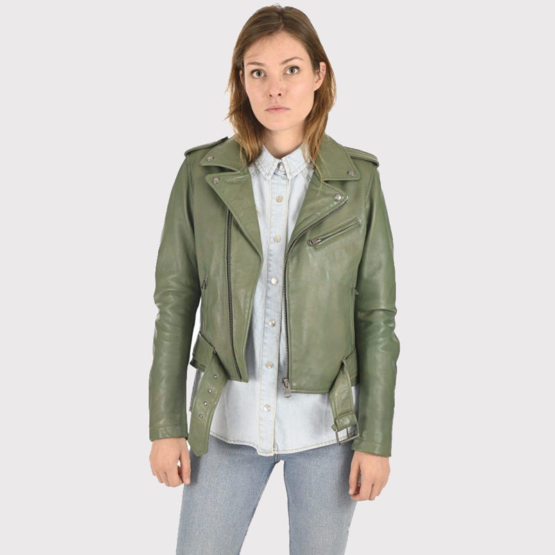 Women's Olive Green Fine Quality Lambskin Leather Jacket - AMSEL LEATHERS