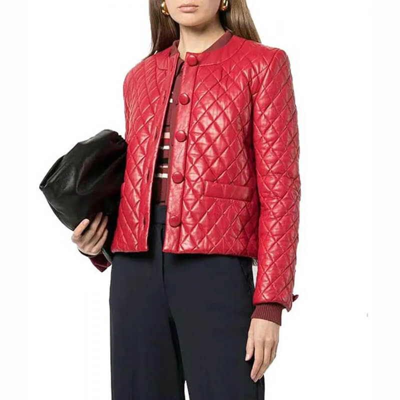 Women’s Collarless Quilted Red Leather Jacket - AMSEL LEATHERS