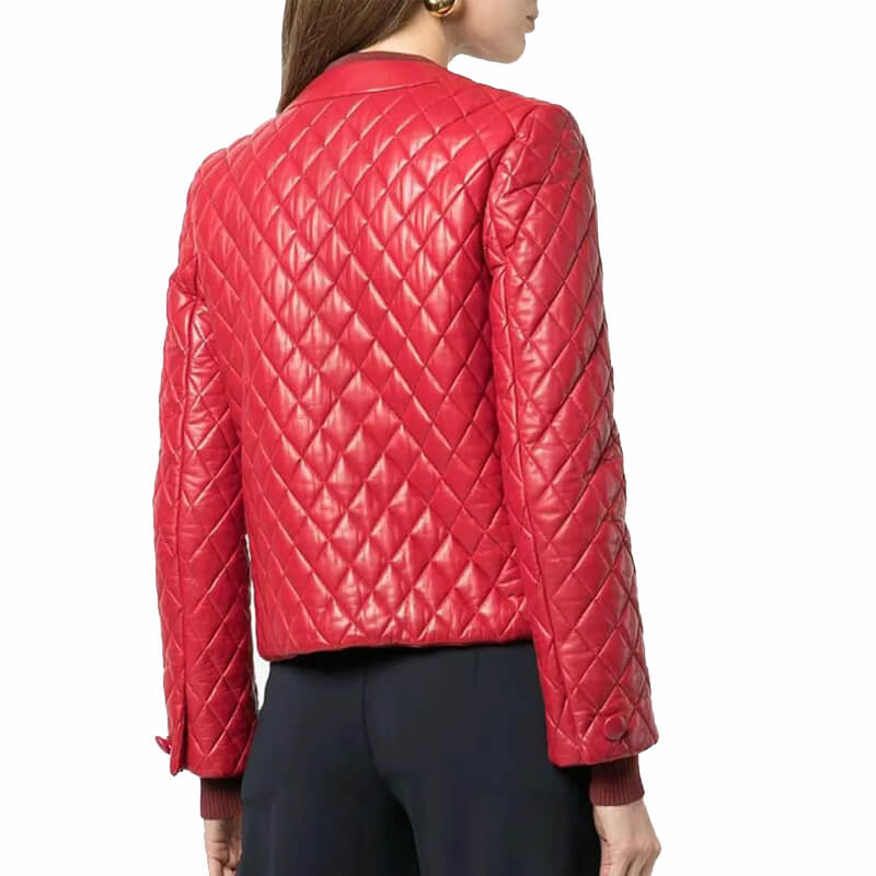 Women’s Collarless Quilted Red Leather Jacket - AMSEL LEATHERS