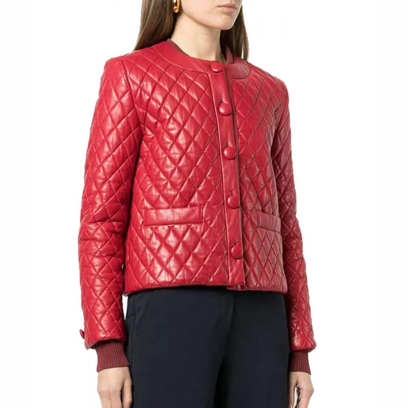 Women’s Collarless Quilted Red Leather Jacket - AMSEL LEATHERS