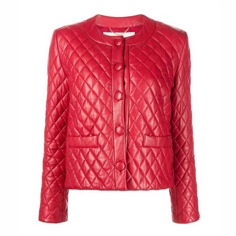 Women’s Collarless Quilted Red Leather Jacket - AMSEL LEATHERS