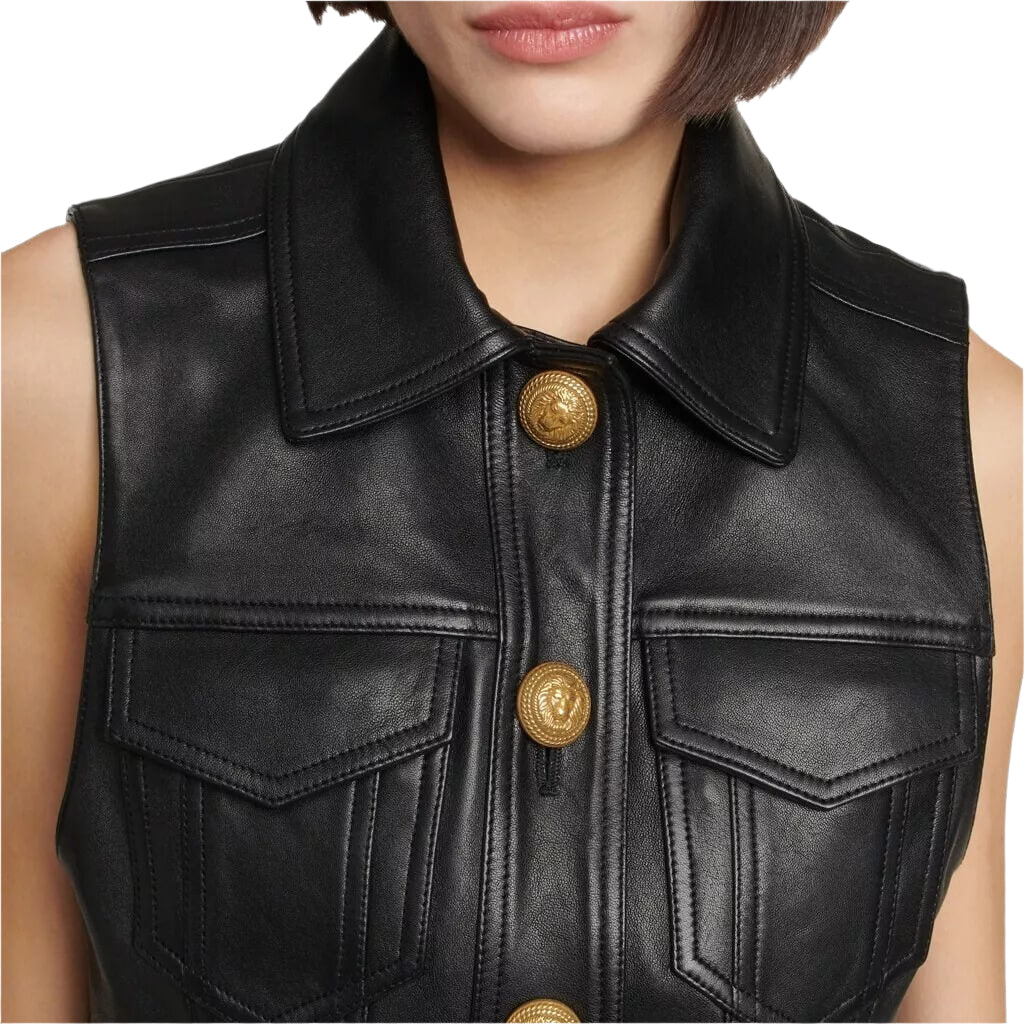 Women’s Real Leather Black Cropped Biker Vest - Summer Waistcoat - AMSEL LEATHERS