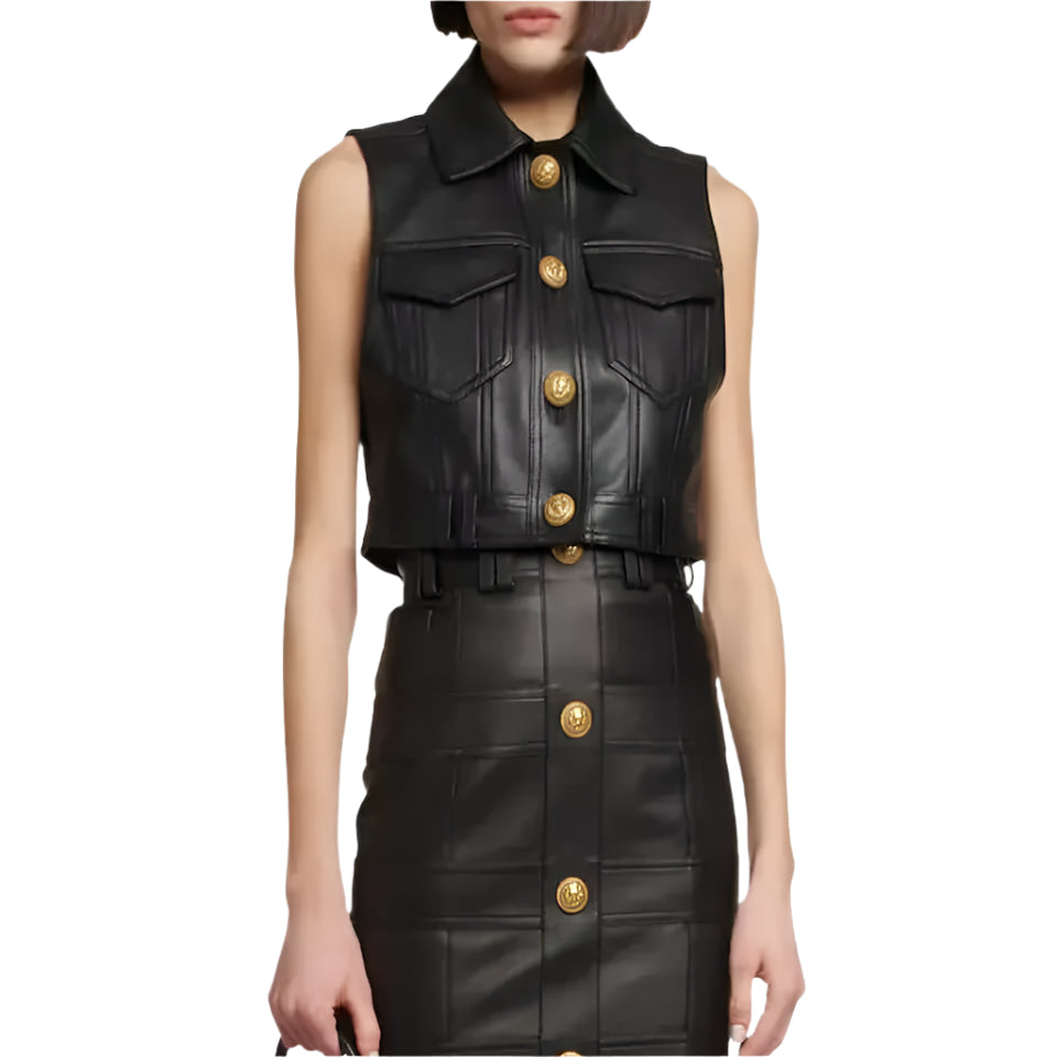 Women’s Real Leather Black Cropped Biker Vest - Summer Waistcoat - AMSEL LEATHERS