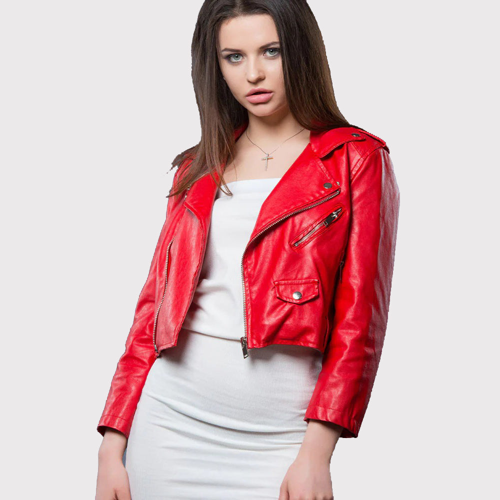 Women's Red Cropped Leather Motorbike Biker Jacket - AMSEL LEATHERS