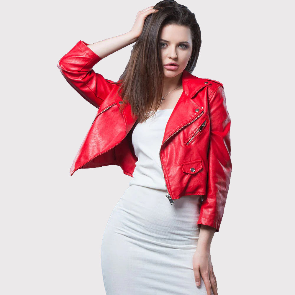 Women's Red Cropped Leather Motorbike Biker Jacket - AMSEL LEATHERS