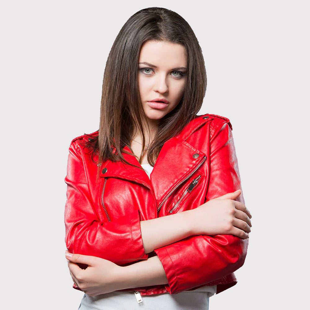 Women's Red Cropped Leather Motorbike Biker Jacket - AMSEL LEATHERS