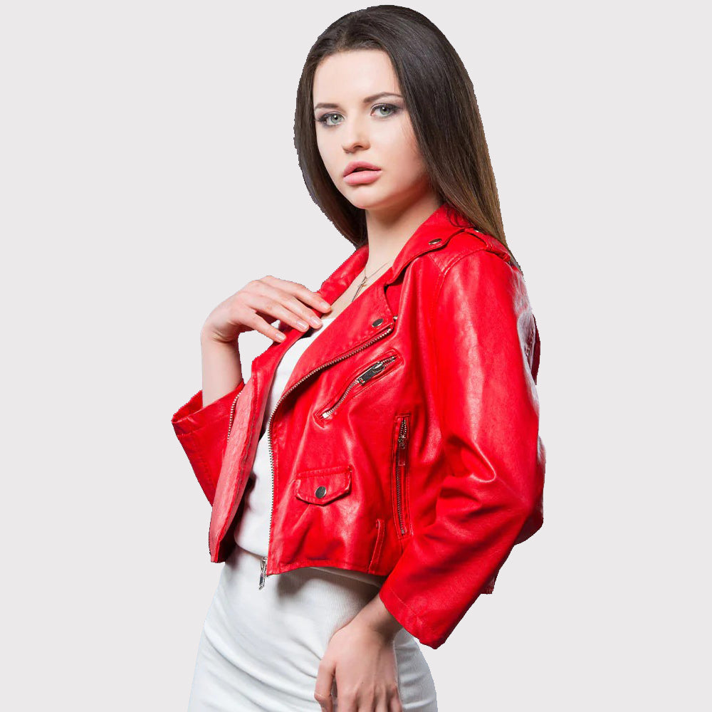 Women's Red Cropped Leather Motorbike Biker Jacket - AMSEL LEATHERS