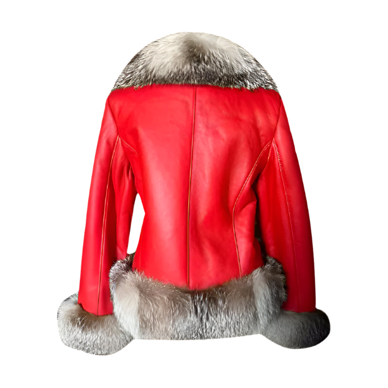 Women's Red Sheepskin Shearling Coat with Crystal Fox Fur - AMSEL LEATHERS