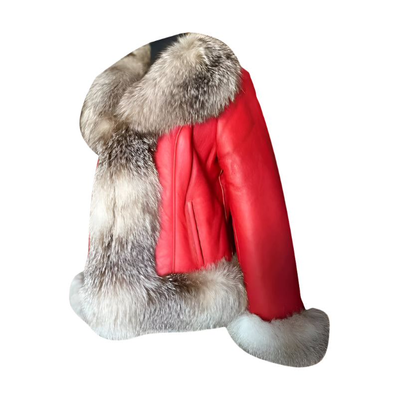 Women's Red Sheepskin Shearling Coat with Crystal Fox Fur - AMSEL LEATHERS