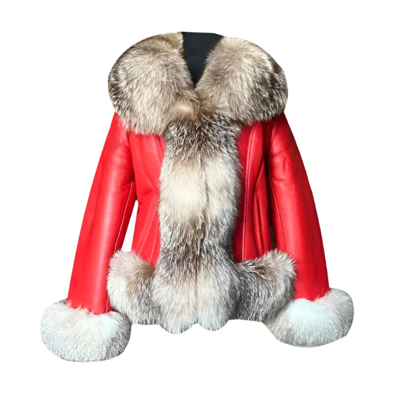 Women's Red Sheepskin Shearling Coat with Crystal Fox Fur - AMSEL LEATHERS