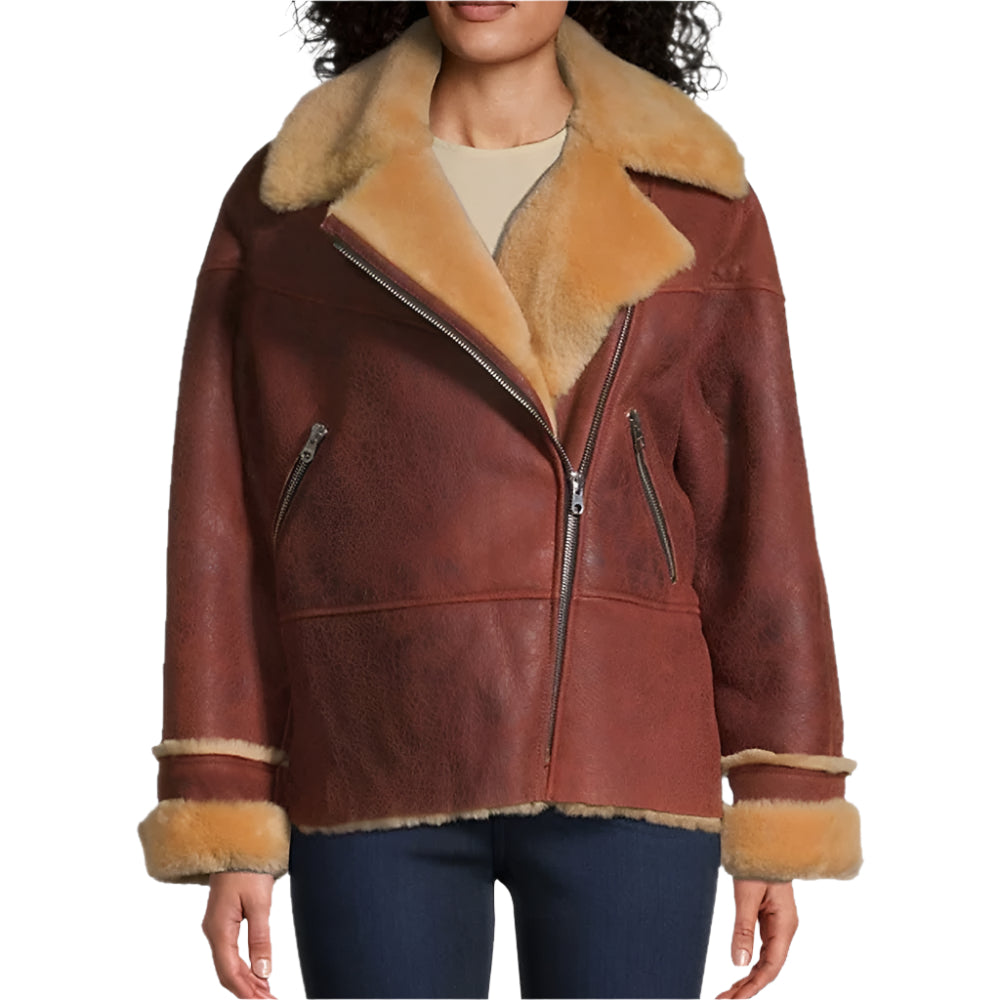 Luxury Style Sandro Shearling Moto Jacket for Women - AMSEL LEATHERS