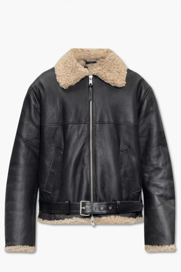 Women's Shearling Lined Black Aviator Flight Jacket - AMSEL LEATHERS