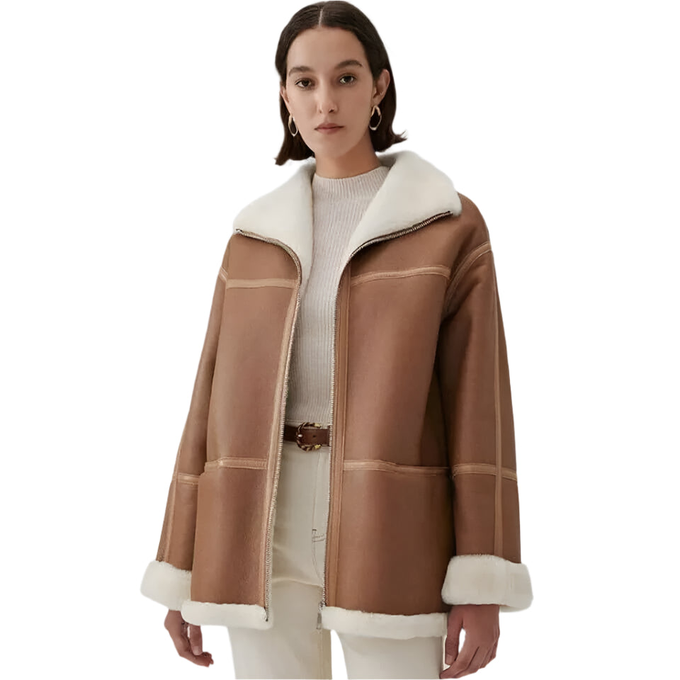 Women's Genuine Sheepskin Brown Aviator Shearling Jacket Coat - AMSEL LEATHERS