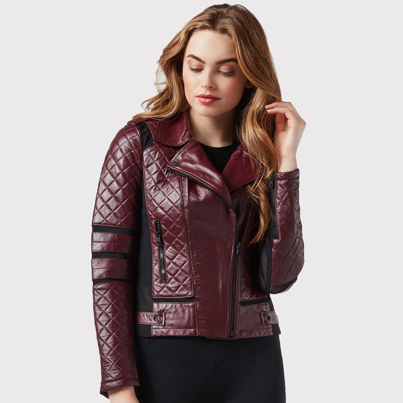 Women's Sleek Maroon Rider Lambskin Leather Jacket - AMSEL LEATHERS