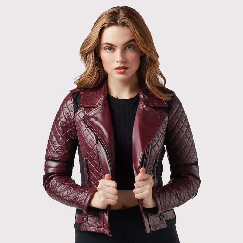 Women's Sleek Maroon Rider Lambskin Leather Jacket - AMSEL LEATHERS