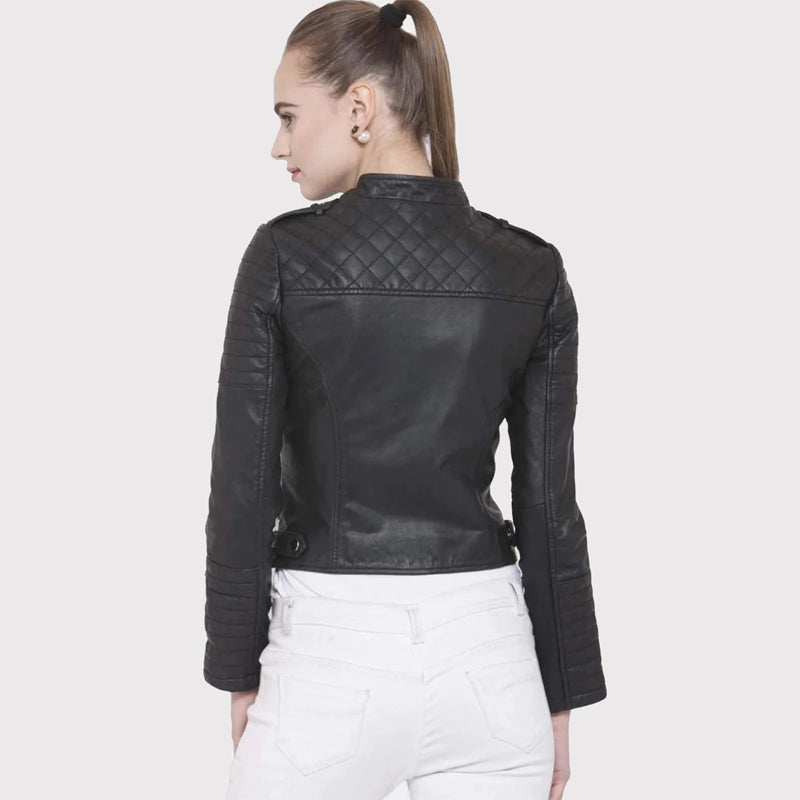 Women's Slim Fit Black Leather Biker Jacket - AMSEL LEATHERS