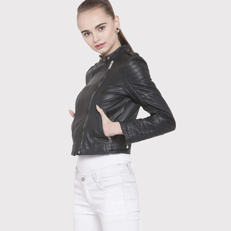 Women's Slim Fit Black Leather Biker Jacket - AMSEL LEATHERS