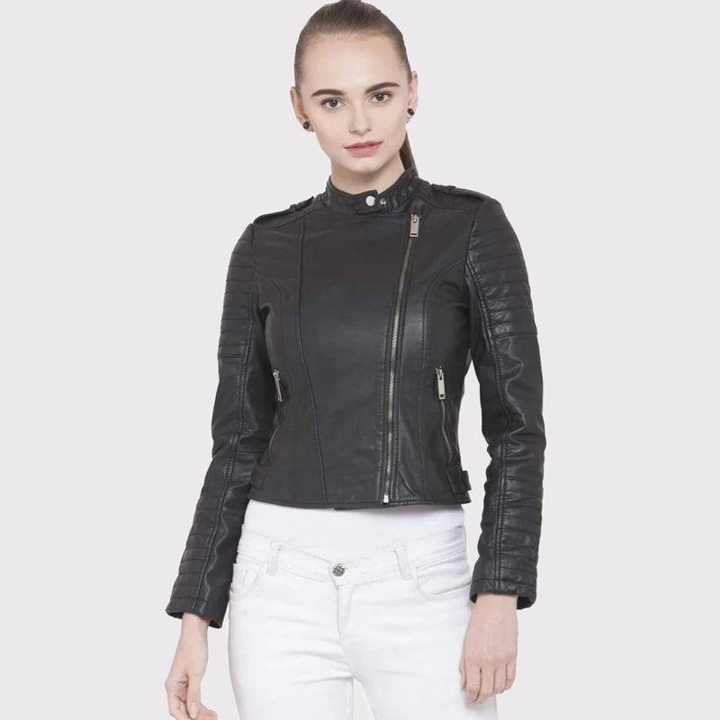 Women's Slim Fit Black Leather Biker Jacket - AMSEL LEATHERS