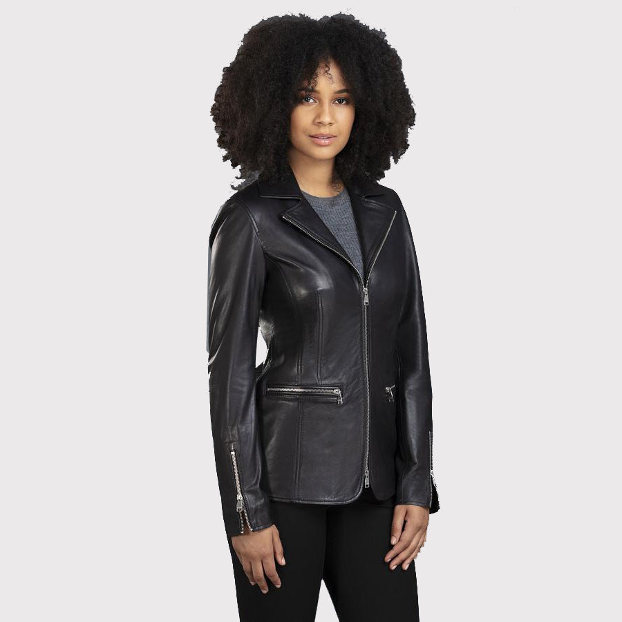 Women's Slim Fit Black Leather Jacket in Blazer Style - AMSEL LEATHERS