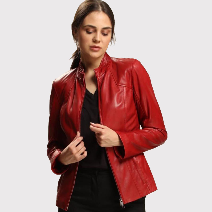 Women's Slim and Skinny Red Lambskin Leather Jacket - AMSEL LEATHERS