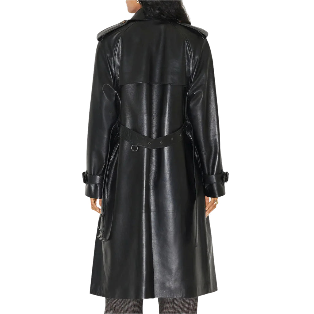 Statement Black Women's Leather Trench Coat - Longline Elegance - AMSEL LEATHERS