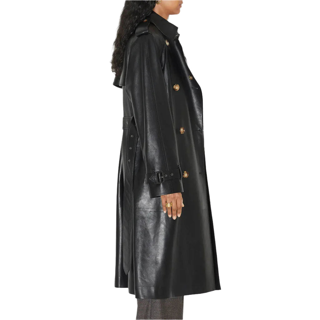 Statement Black Women's Leather Trench Coat - Longline Elegance - AMSEL LEATHERS