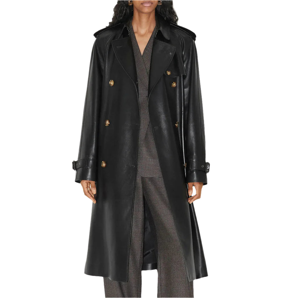 Statement Black Women's Leather Trench Coat - Longline Elegance - AMSEL LEATHERS