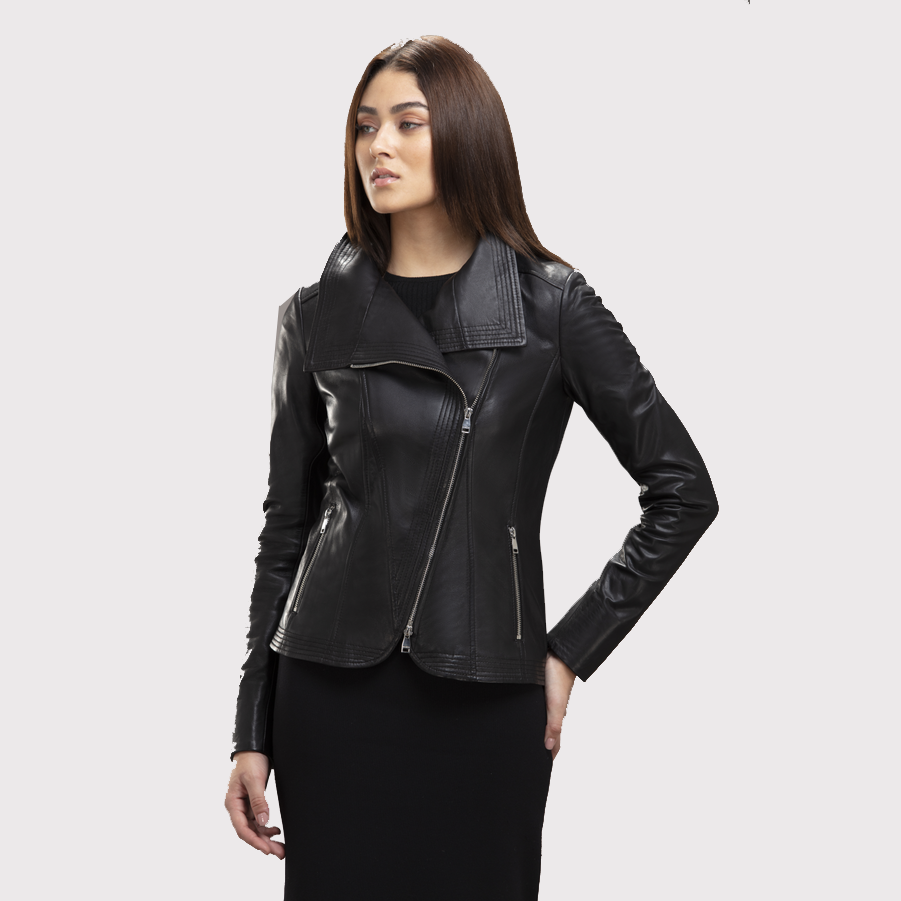 Stylish Collar Women's Black Bomber Leather Jacket - AMSEL LEATHERS