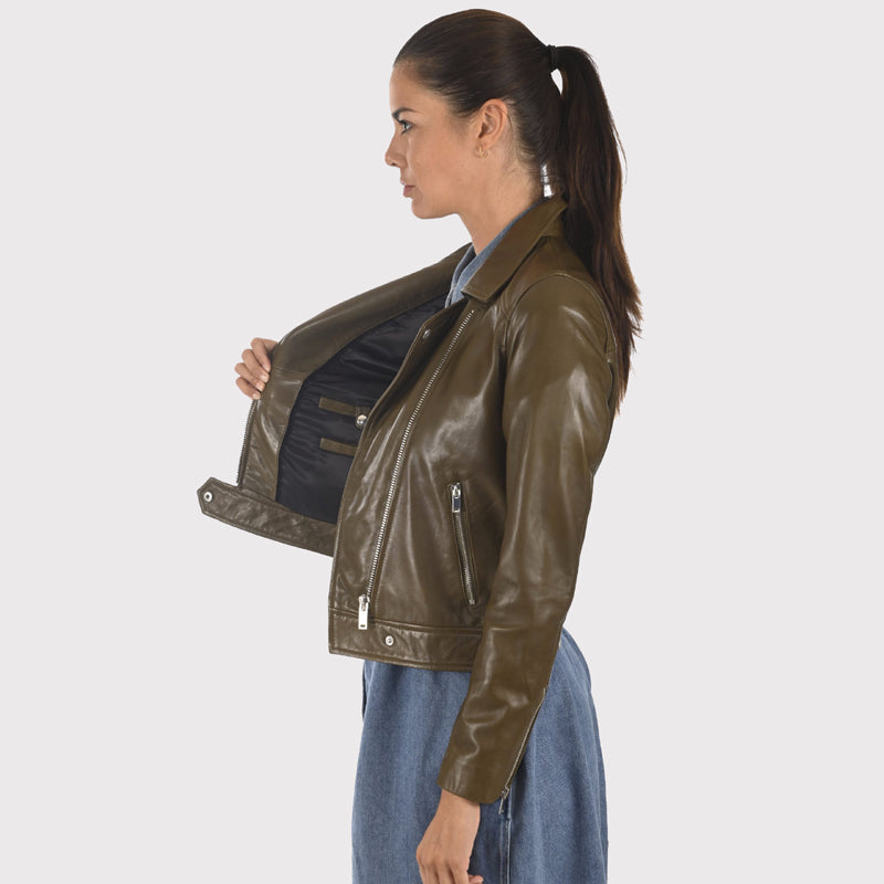 Women's Stylish Olive Green Leather Jacket - AMSEL LEATHERS