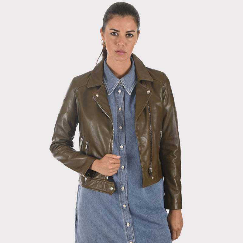 Women's Stylish Olive Green Leather Jacket - AMSEL LEATHERS