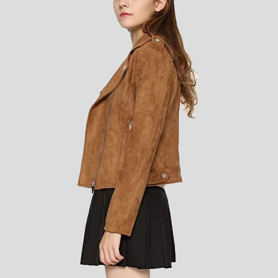 Women's Stylish Notched Collar Oblique Zip Suede Leather Moto Jacket - AMSEL LEATHERS